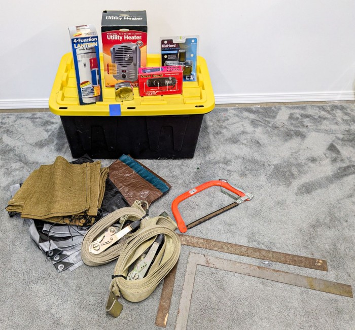 227. Tote, (2) Tarps, Burlap Strips, Heater, Lantern, (NEW) Die Hard Battery Pack