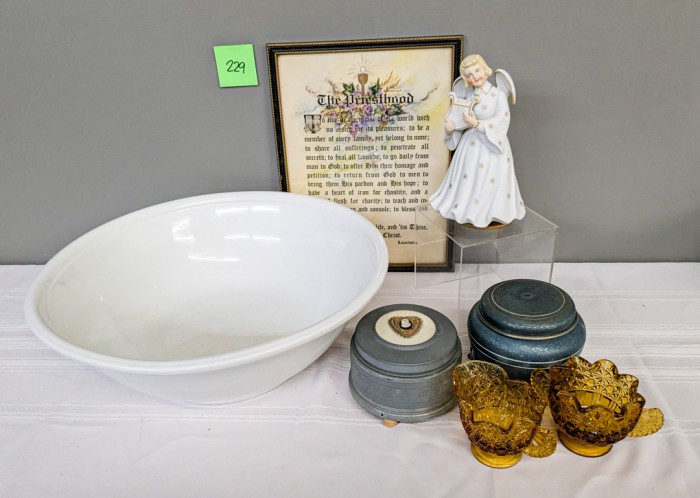 229. Ironstone Basin, (2) Music Boxes, Angel Musical Figure, Religious Art, Creamer + Sugar