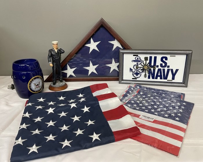 136. Navy Clock, Flag in Case, Wax Melter, (3) Flags + Navy Figure