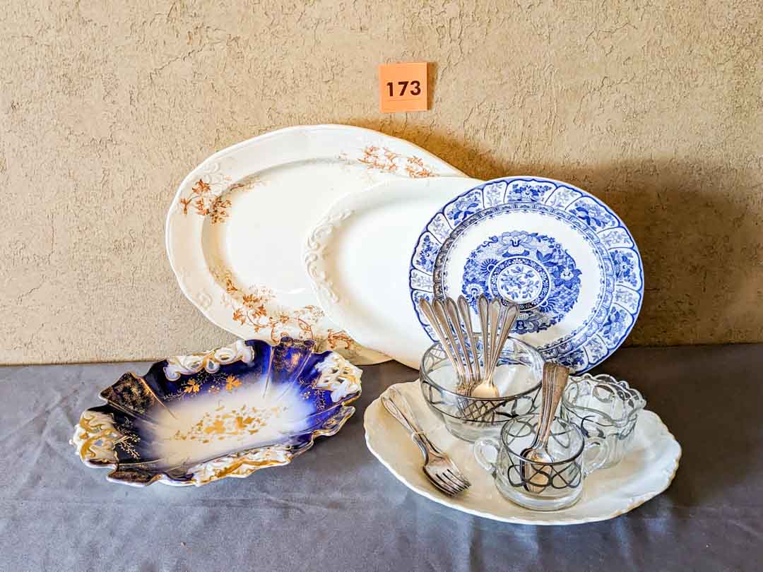 173. Platters, Bowl, Creamer/Sugar/Bowl and Misc. Silverplate Utensils