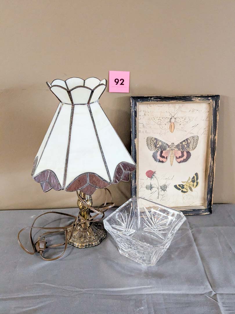 92. 16" Stained Glass Lamp, Bowl + Butterfly Print