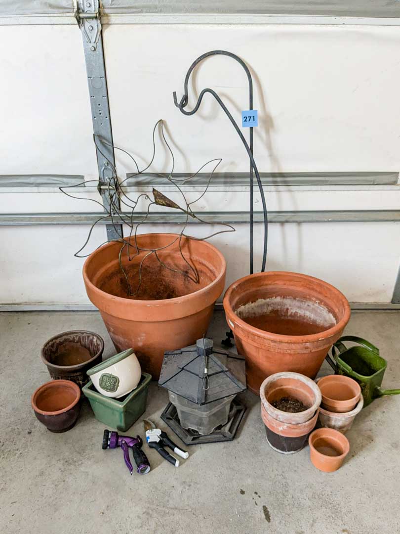 271. Terracotta Pots, Planters, (2) Shepherd's Hooks, Bird Feeder + Decor