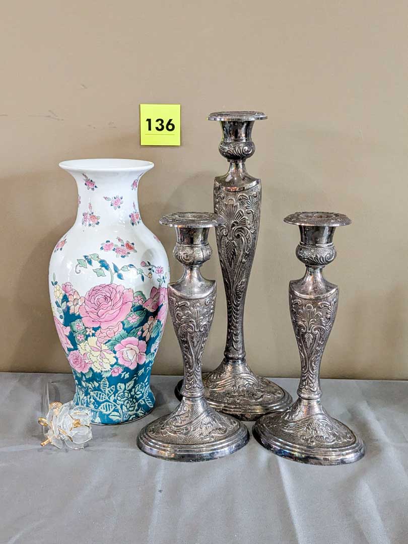 136. (3) Candleholders, Glass Rose + 12" Asian Vase