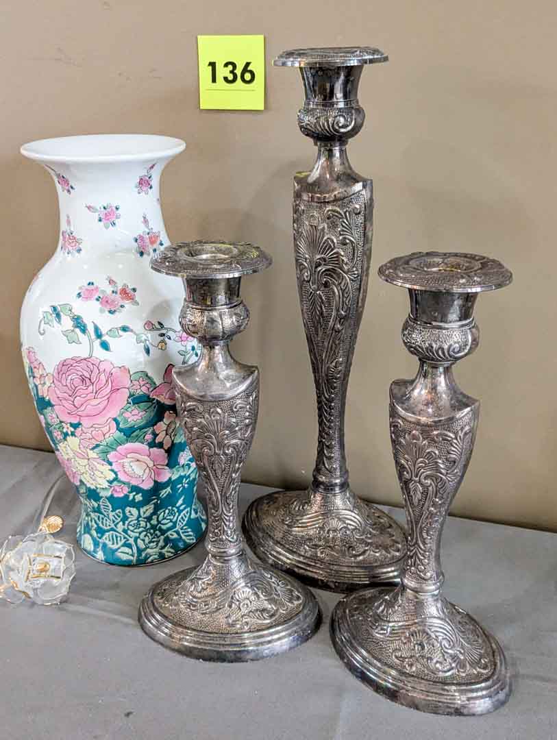 136. (3) Candleholders, Glass Rose + 12" Asian Vase - Image 3