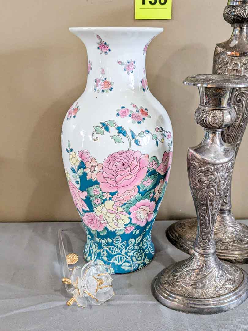 136. (3) Candleholders, Glass Rose + 12" Asian Vase - Image 4