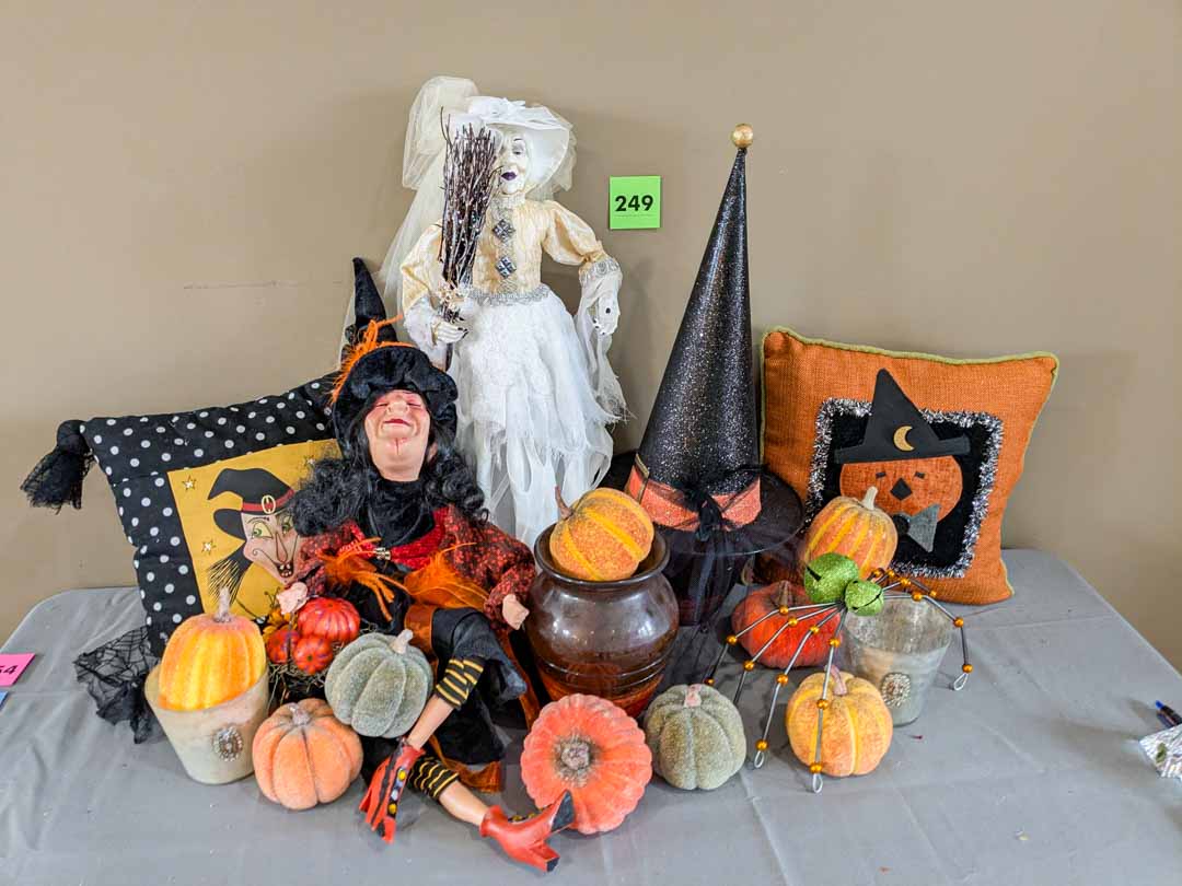 249. Halloween Lot - Figurines, Pillows, Pumpkins, Votive Holders + Decor