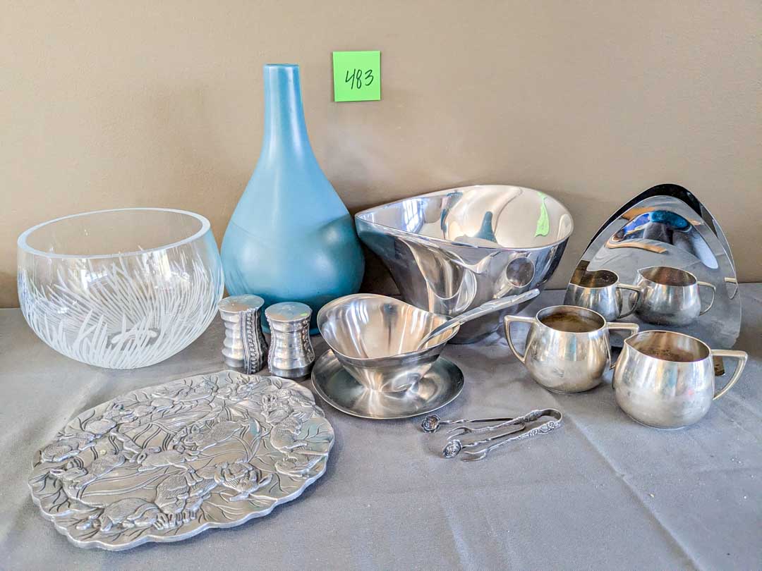 483. Nambe Bowl, Crystal Bowl, Pewter Trivet + Metal Serving Pcs.