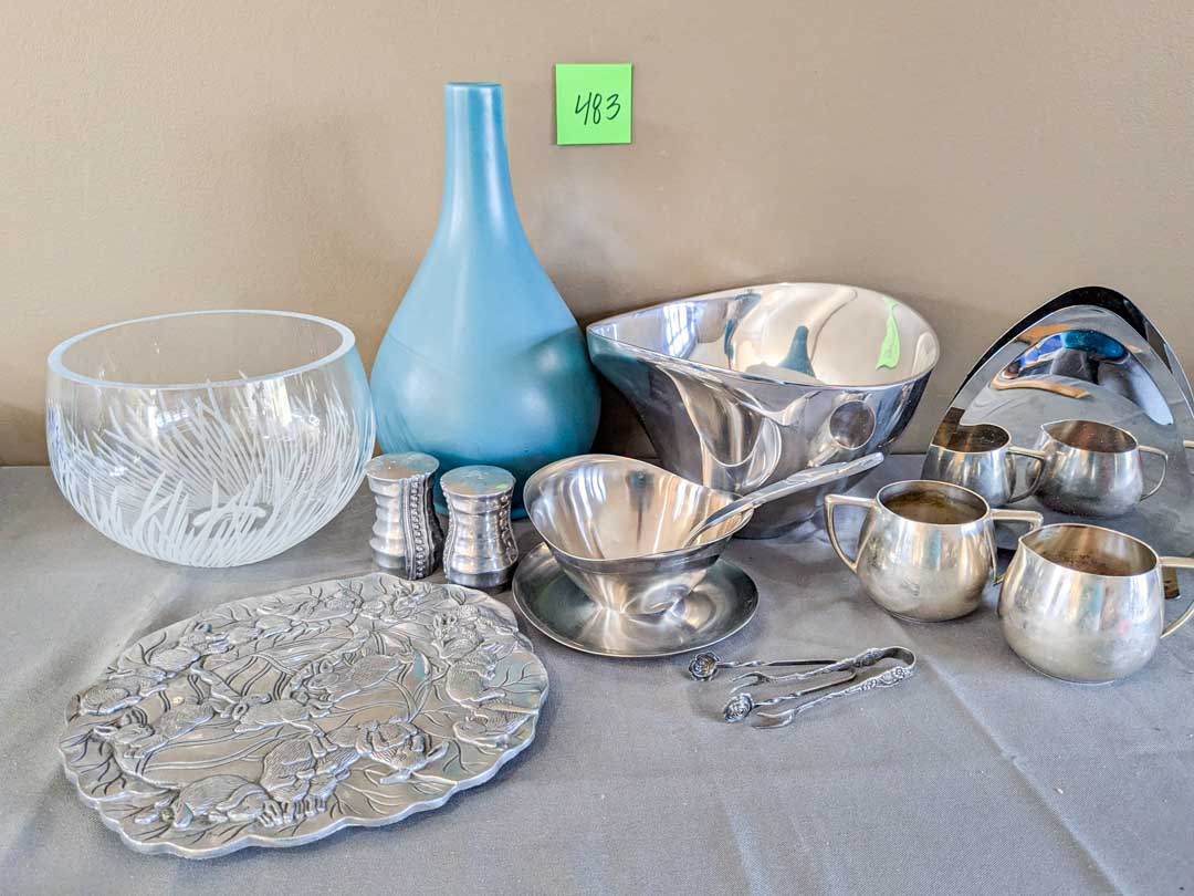 483. Nambe Bowl, Crystal Bowl, Pewter Trivet + Metal Serving Pcs. - Image 2
