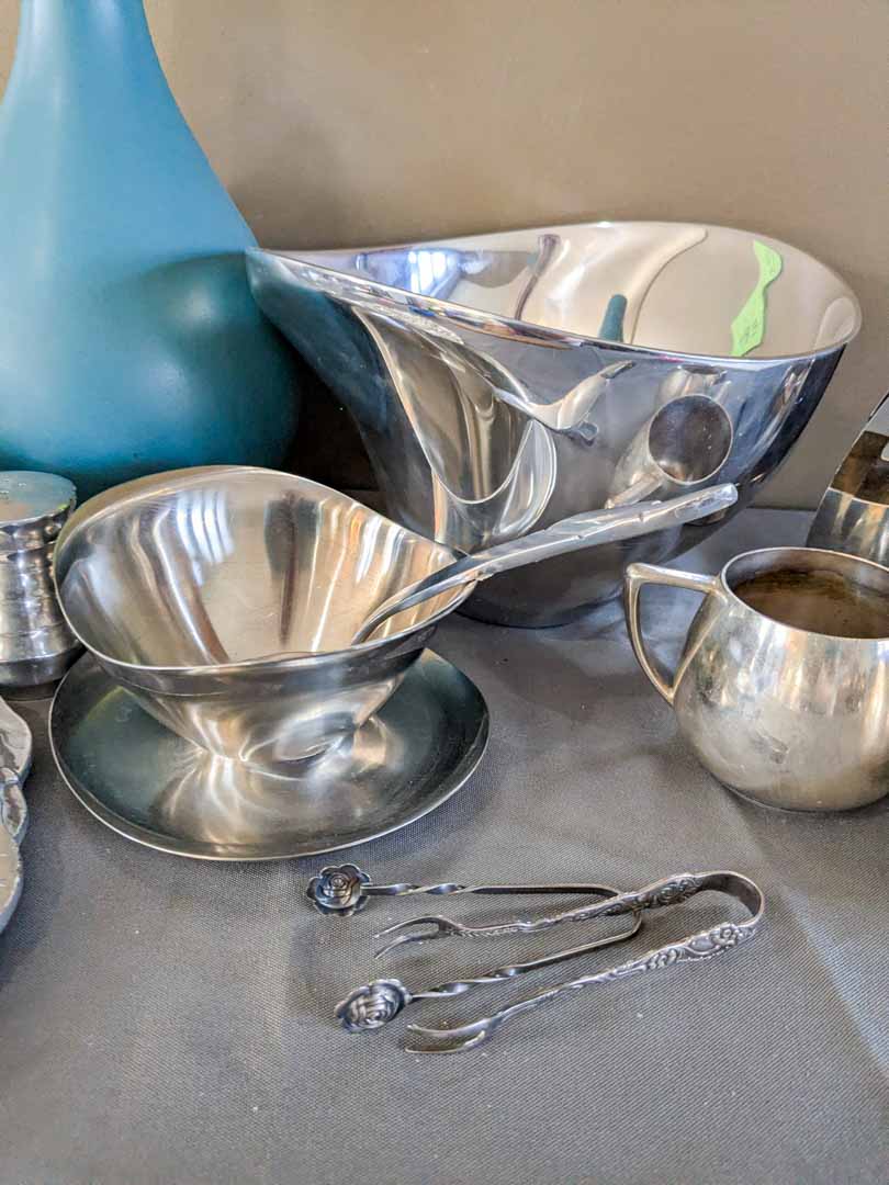483. Nambe Bowl, Crystal Bowl, Pewter Trivet + Metal Serving Pcs. - Image 7