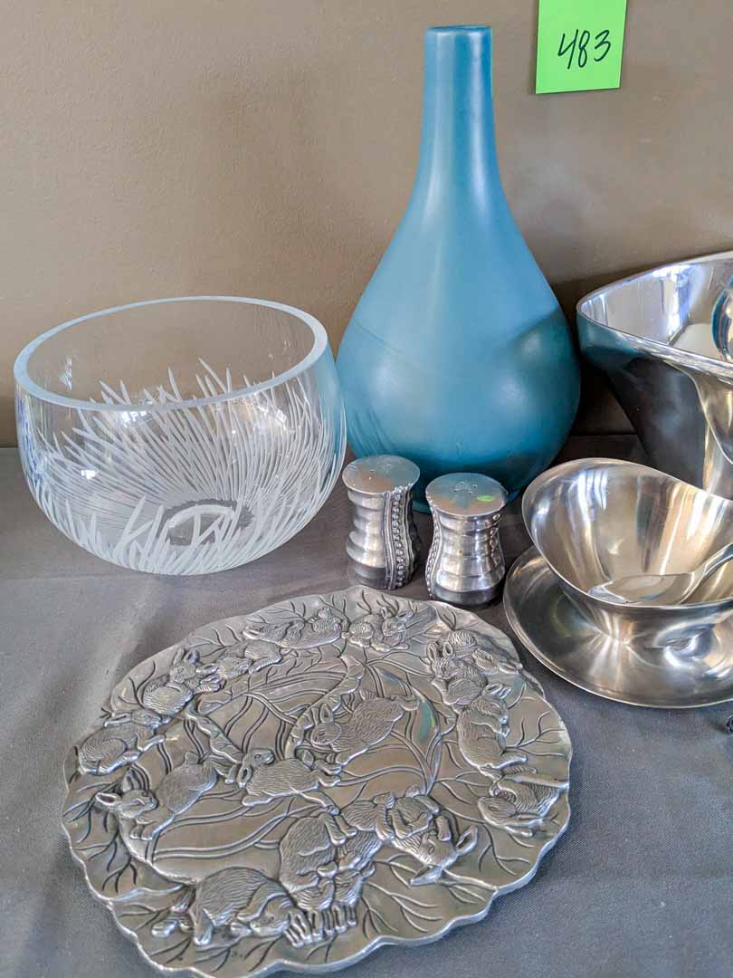483. Nambe Bowl, Crystal Bowl, Pewter Trivet + Metal Serving Pcs. - Image 6