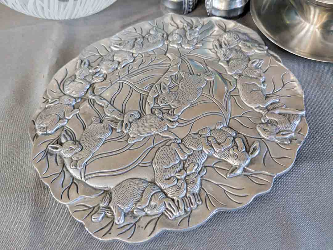 483. Nambe Bowl, Crystal Bowl, Pewter Trivet + Metal Serving Pcs. - Image 4