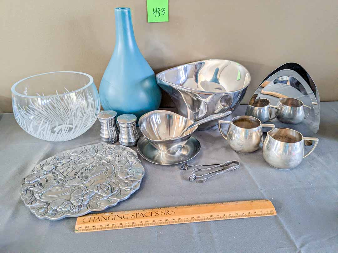 483. Nambe Bowl, Crystal Bowl, Pewter Trivet + Metal Serving Pcs. - Image 3