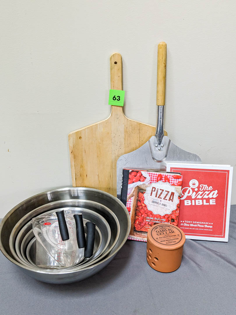 63. Mixing Bowls, Pizza Paddle, Measuring Cups + Cookbooks