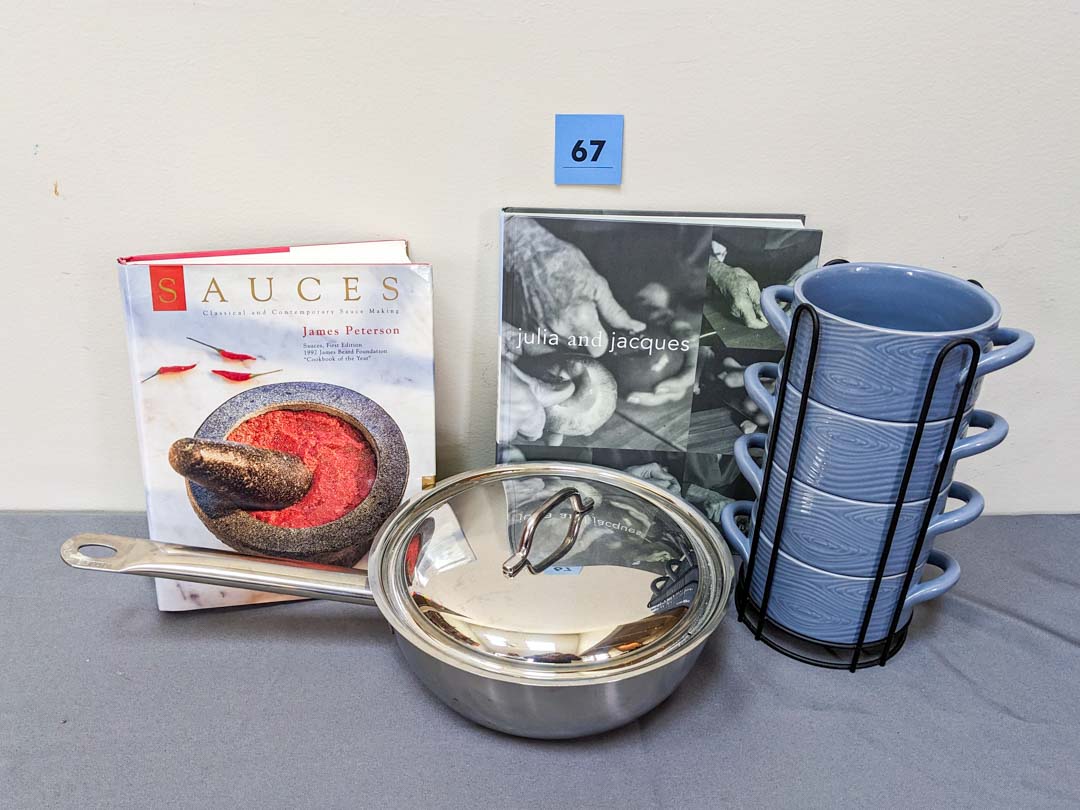 67. Covered Pan, (4) Soup Bowls + Cookbooks