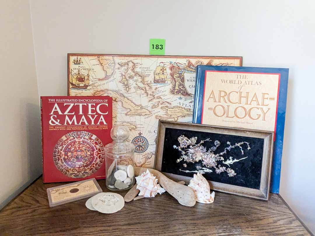 183. Map Art, (2) Books, Shells + Melted Metal