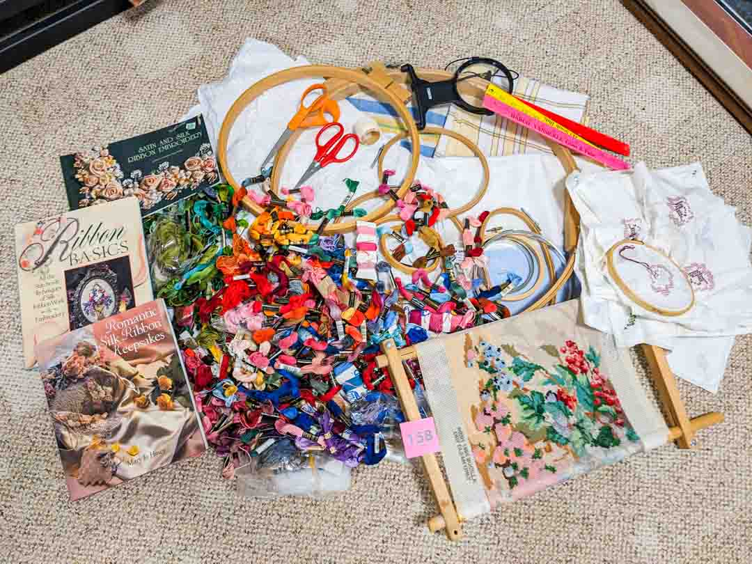 158. Embroidery Floss, Needlework Projects, Vintage Linens + Notions