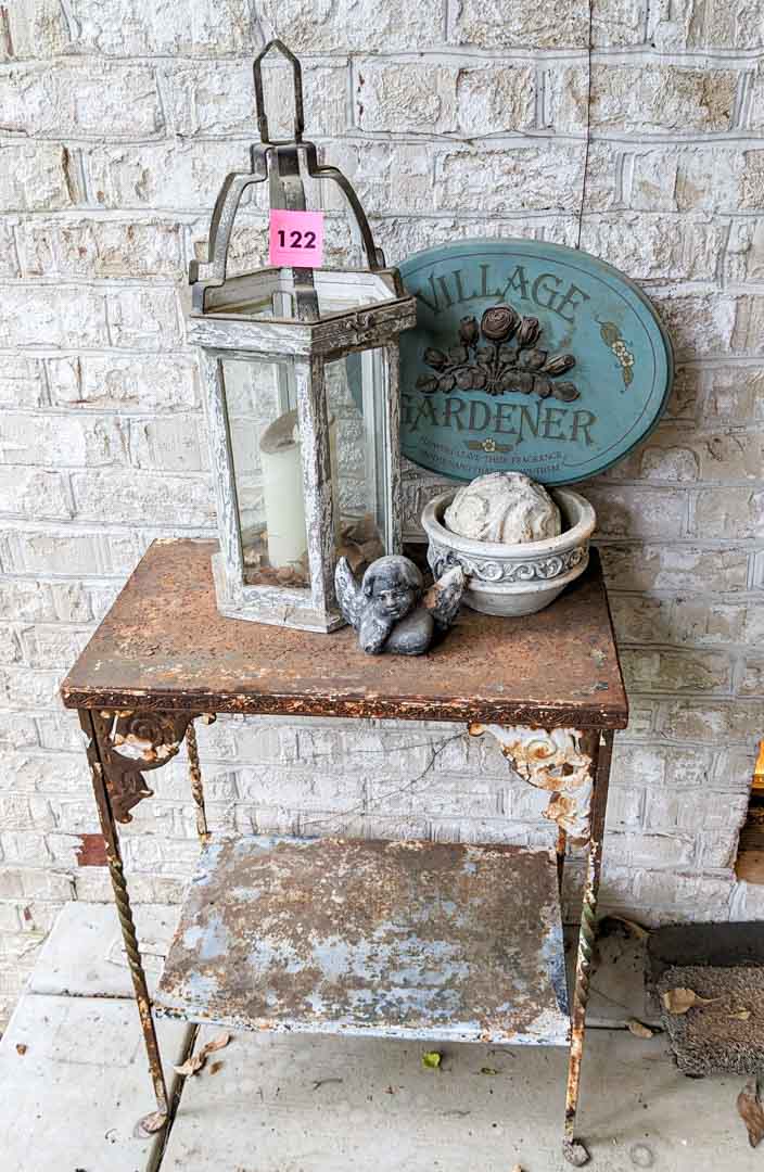 122. Metal Accent Table, Lantern + Decor