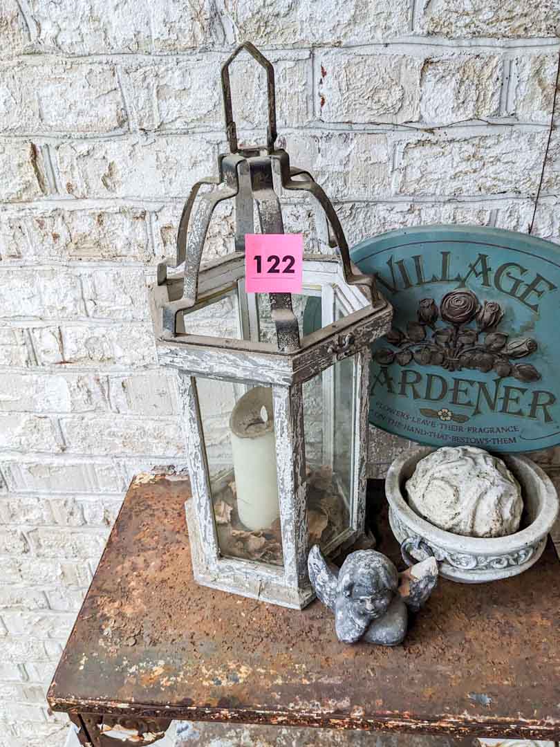 122. Metal Accent Table, Lantern + Decor - Image 7