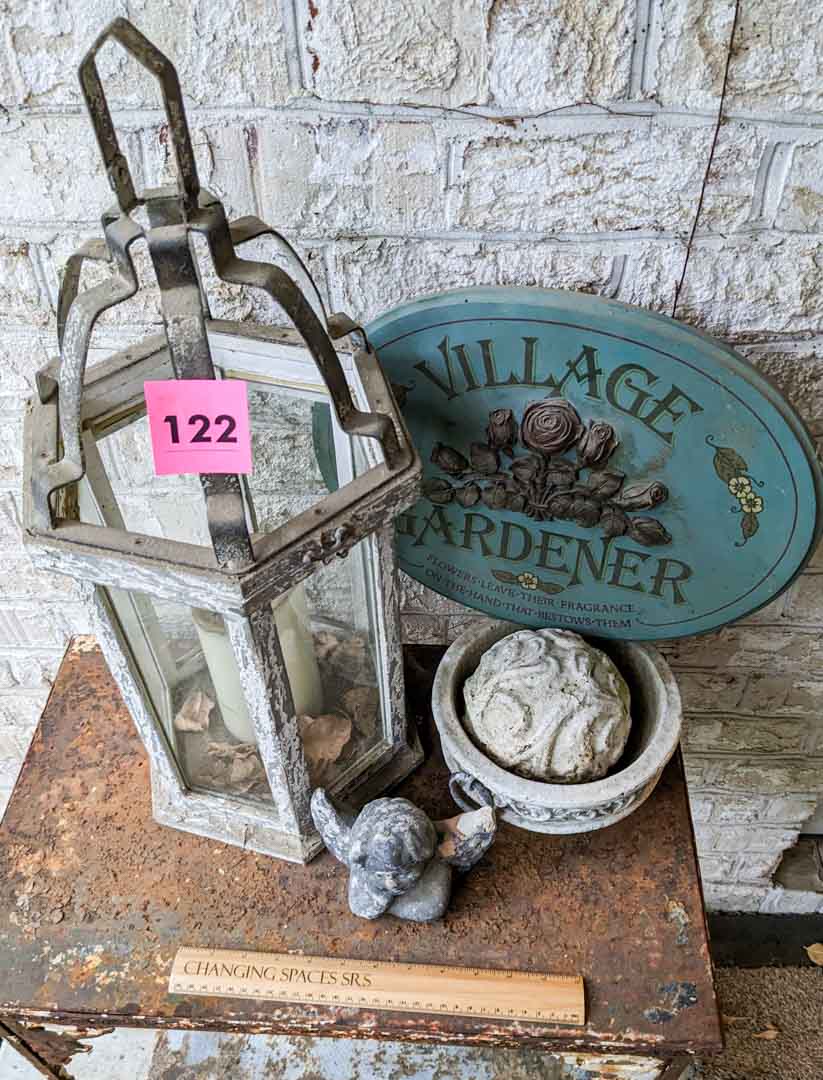 122. Metal Accent Table, Lantern + Decor - Image 3