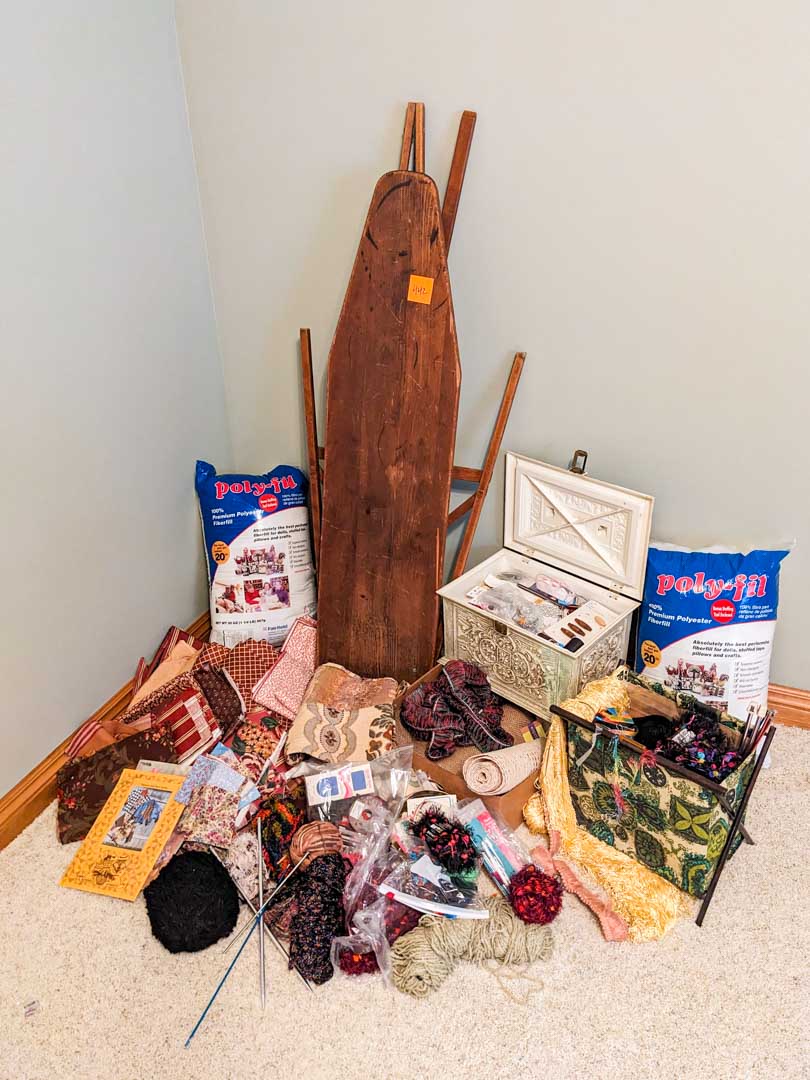 442. Sewing/Craft Lot – Wood Ironing Board, Fabric, Trim, Sewing Box + Notions