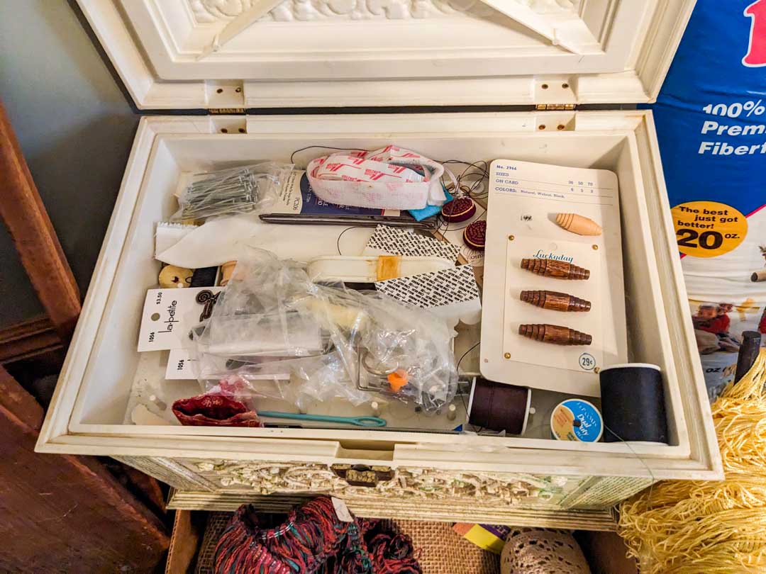 442. Sewing/Craft Lot - Wood Ironing Board, Fabric, Trim, Sewing Box + Notions - Image 8