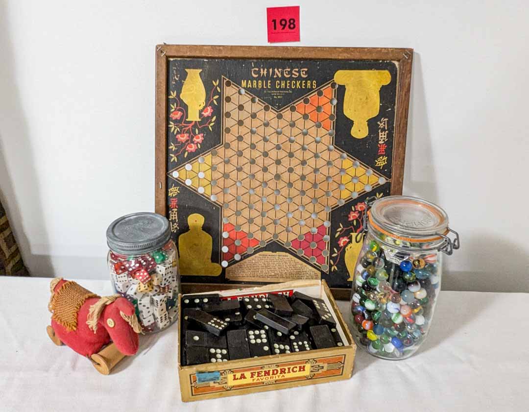 198. Jar of Marbles, Jar of Dice, Chinese Checker Board + Marbles