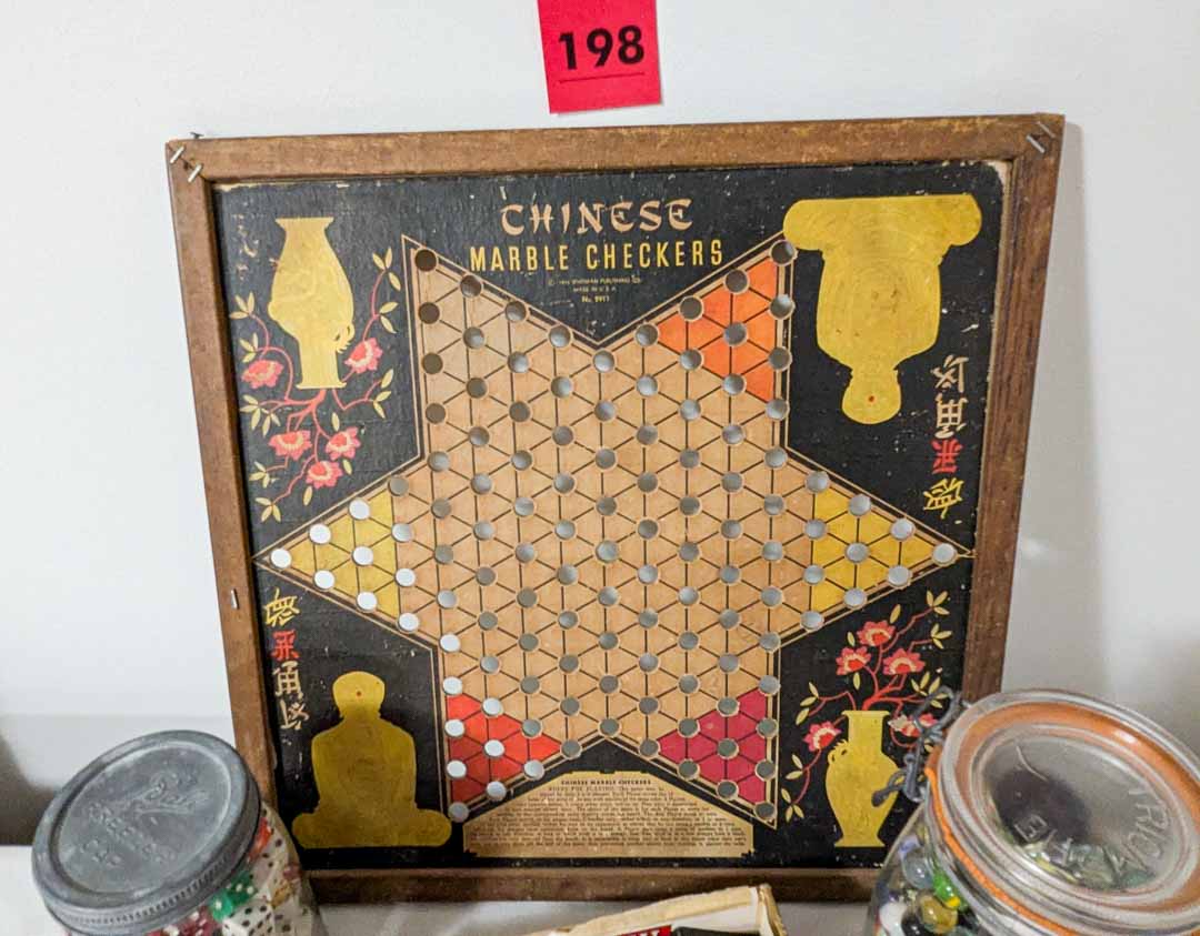 198. Jar of Marbles, Jar of Dice, Chinese Checker Board + Marbles - Image 2