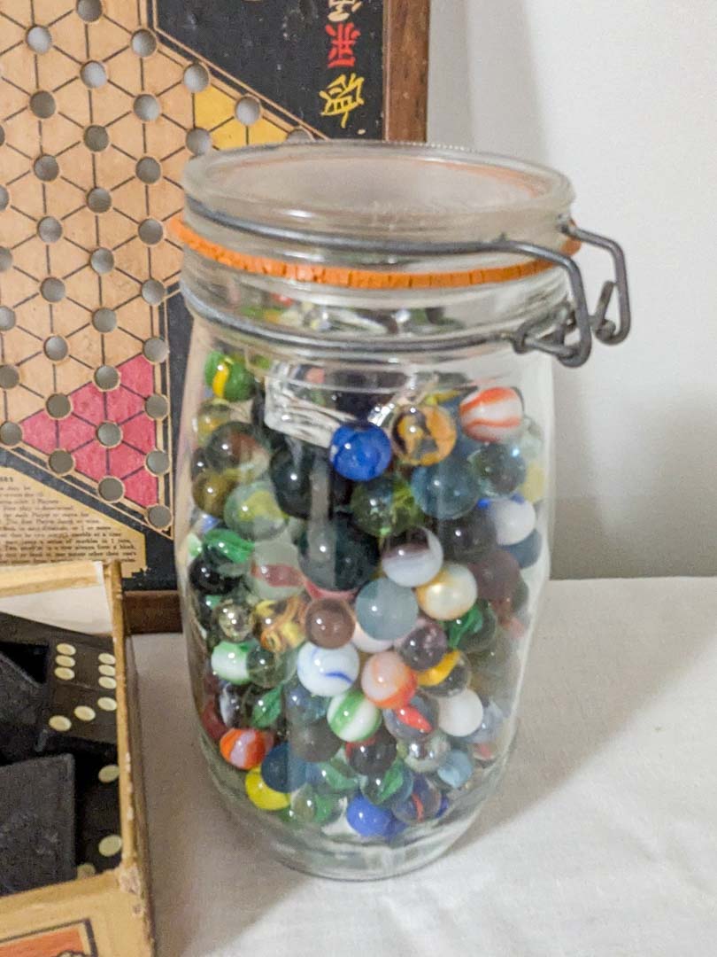 198. Jar of Marbles, Jar of Dice, Chinese Checker Board + Marbles - Image 7