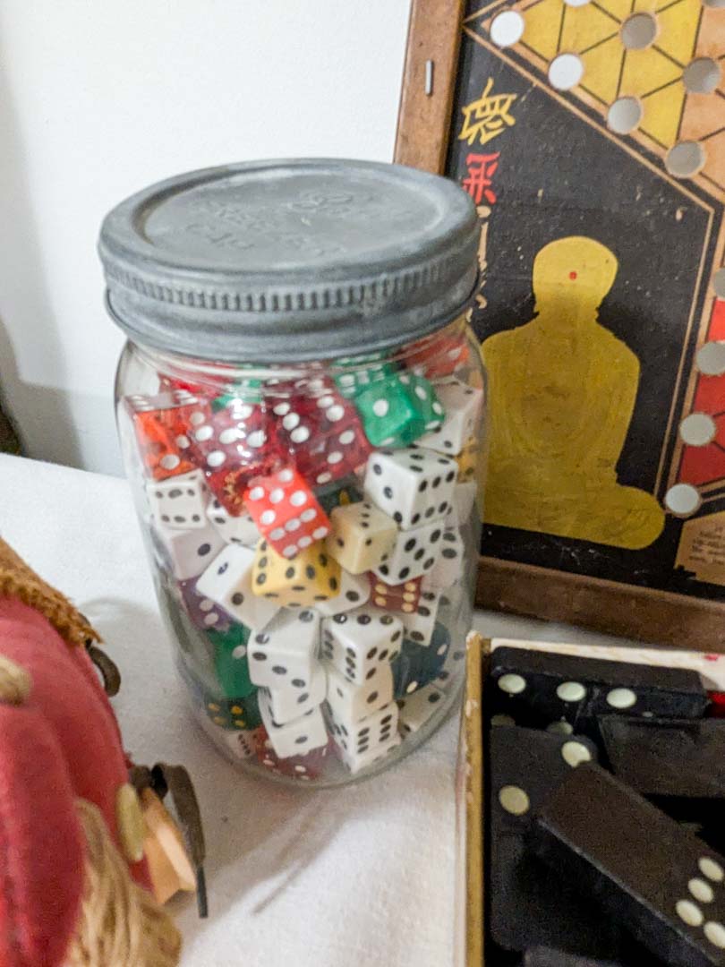 198. Jar of Marbles, Jar of Dice, Chinese Checker Board + Marbles - Image 5