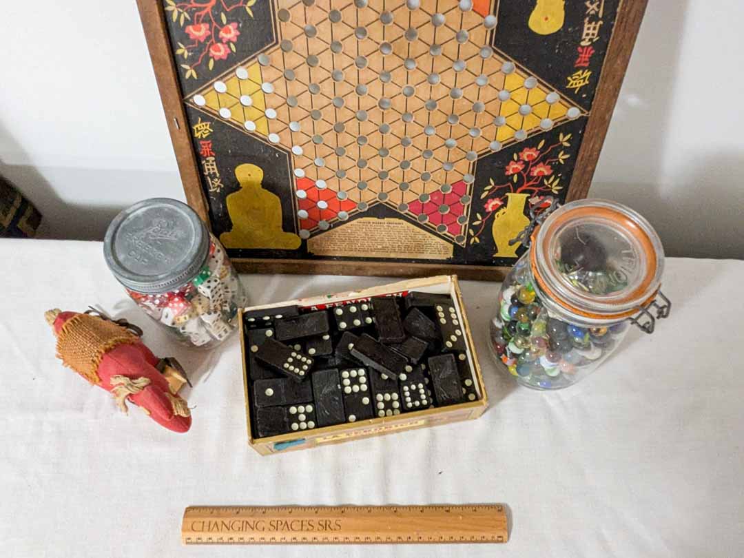 198. Jar of Marbles, Jar of Dice, Chinese Checker Board + Marbles - Image 3