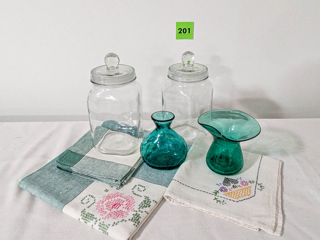 201. Vintage Glass Vase, (2) Jars + Linens
