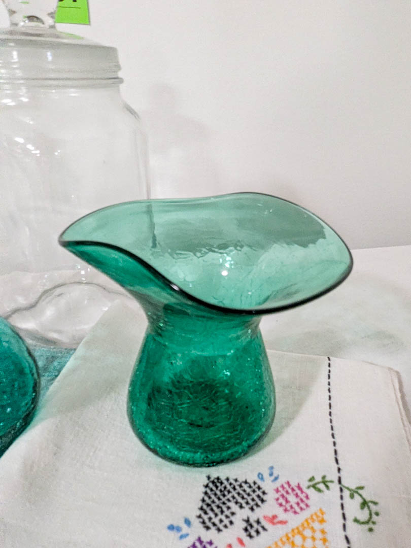 201. Vintage Glass Vase, (2) Jars + Linens - Image 7