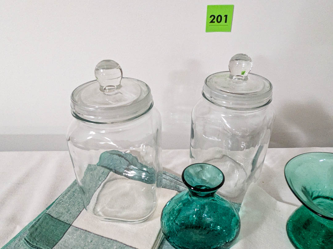 201. Vintage Glass Vase, (2) Jars + Linens - Image 5