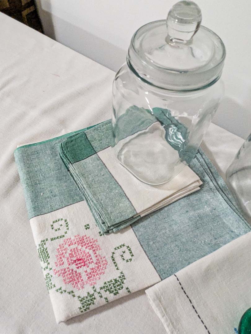 201. Vintage Glass Vase, (2) Jars + Linens - Image 3