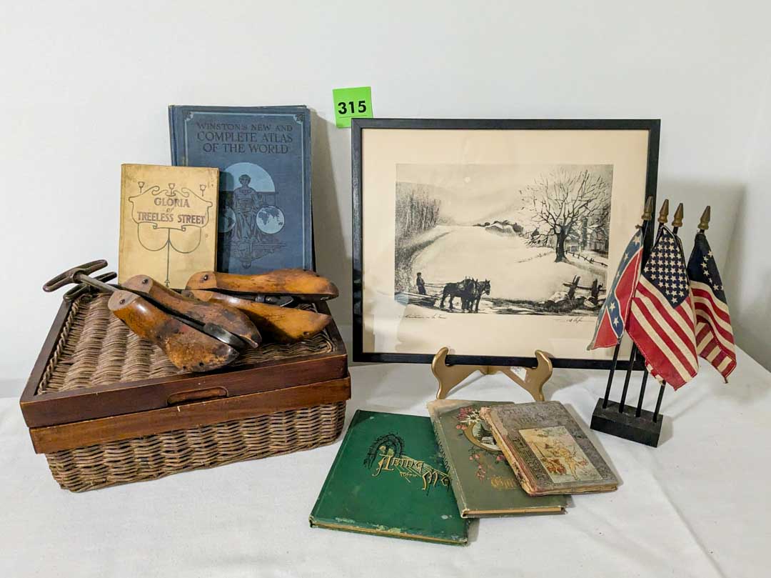 315. Christian on the Farm (signed), Basket, Shoe Stretchers, Basket, Flags + Books