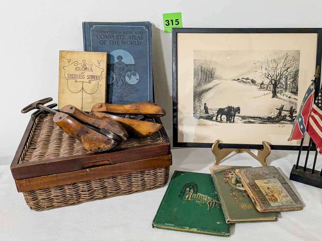 315. Christian on the Farm (signed), Basket, Shoe Stretchers, Basket, Flags + Books - Image 2