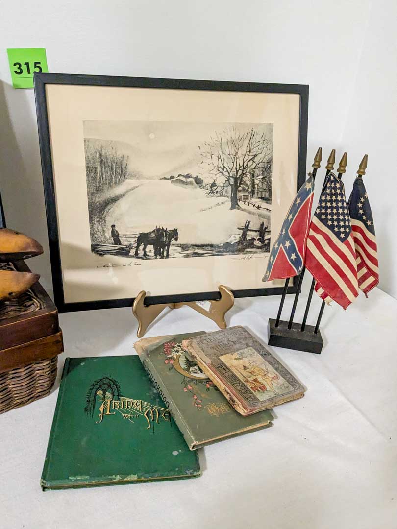315. Christian on the Farm (signed), Basket, Shoe Stretchers, Basket, Flags + Books - Image 9