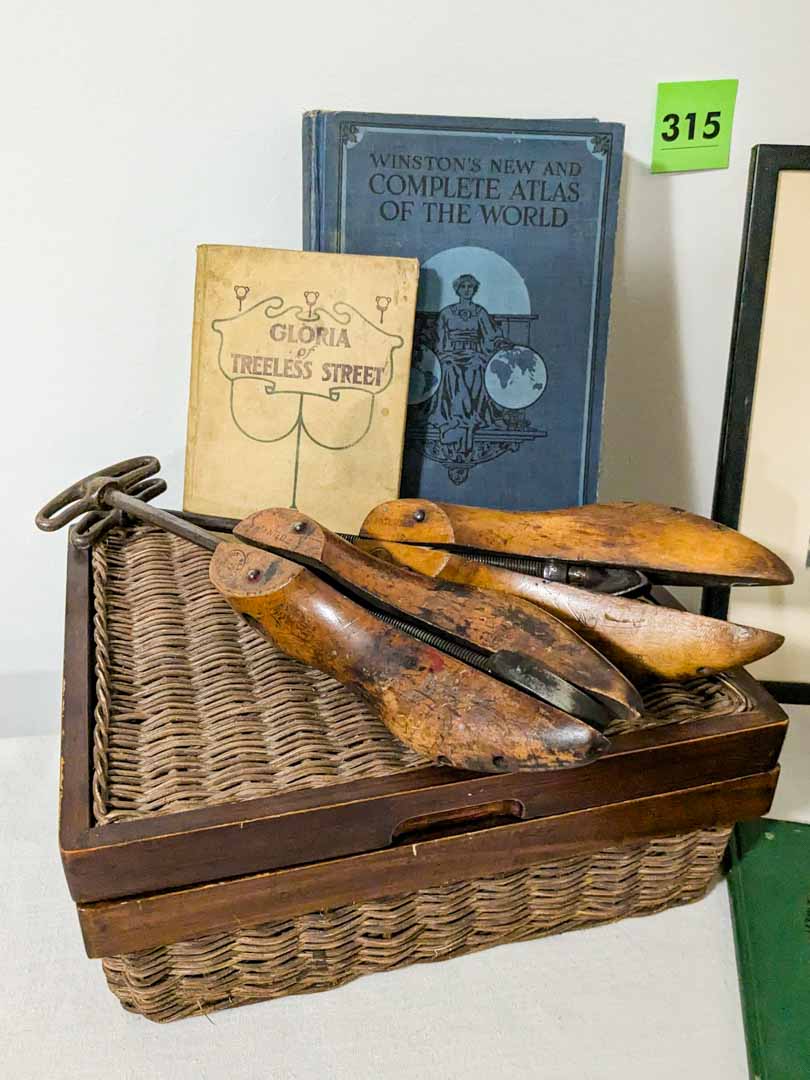 315. Christian on the Farm (signed), Basket, Shoe Stretchers, Basket, Flags + Books - Image 10