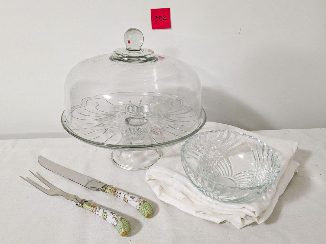 352. Cake Plate, Bowl, Knife + Fork and Tablecloth