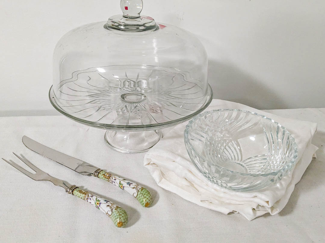 352. Cake Plate, Bowl, Knife + Fork and Tablecloth - Image 2