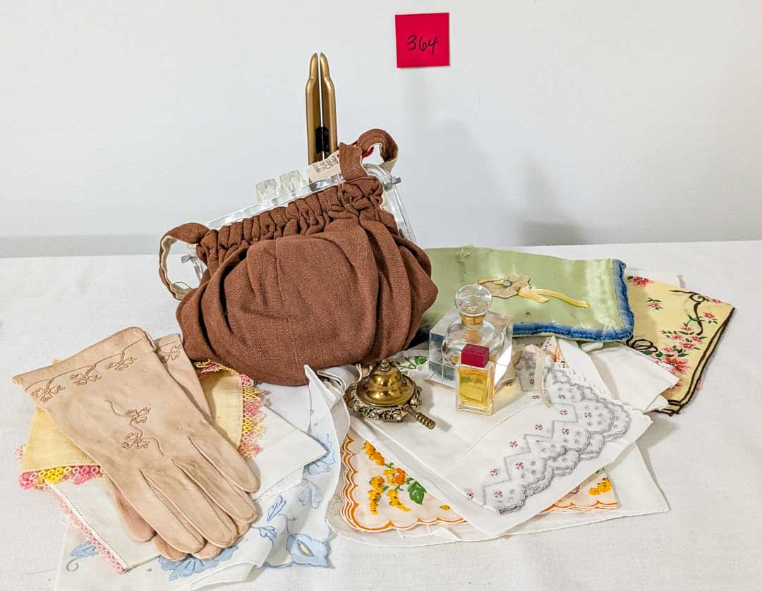 364. Vintage Purse, Gloves, Hankies + Perfume Bottles