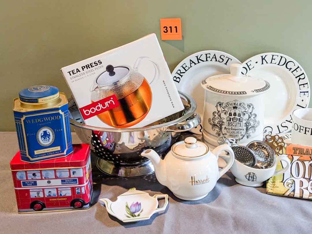 311. (3) Plates, Mug, Canister, (2) Teapots, Strainer + Tea Tins  Changing  Spaces SRS