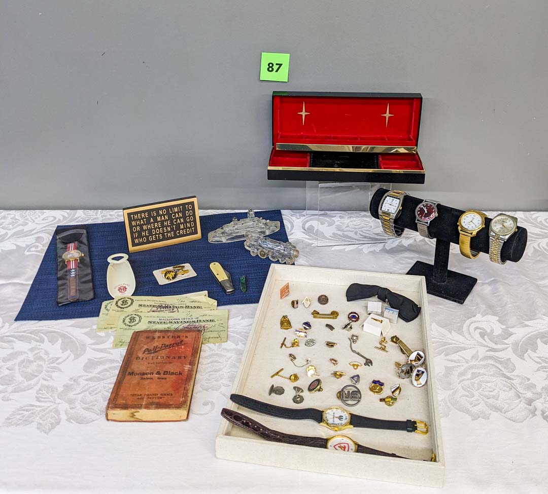 87. (5) Watches + Pins + Tie Tacks & Bars + Mens Accessories