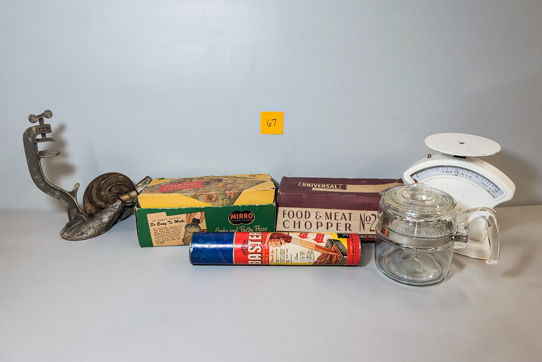67. Food Chopper, Baster, Kitchen Scale, Cookie Press, & Cherry Stoner