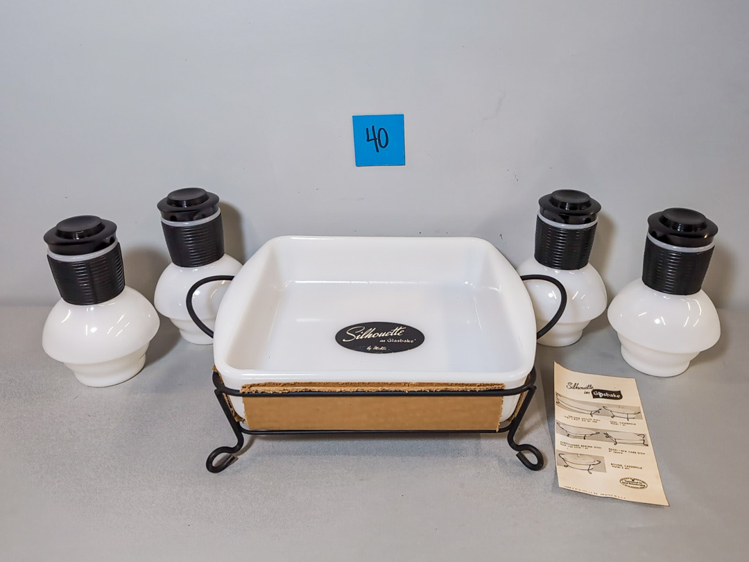 40. Milk Glass Casserole Dish & (4) Bottles