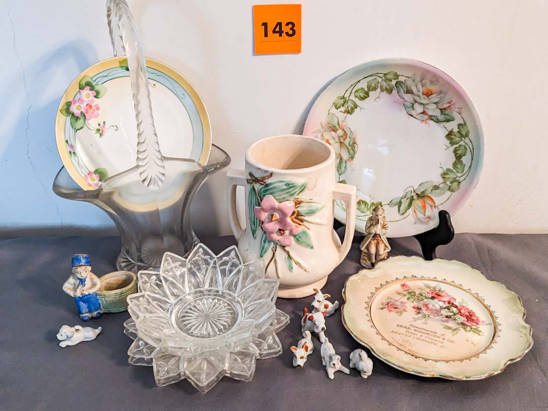 143. Glass Basket, McCoy Vase, Plates + Mini Collectibles