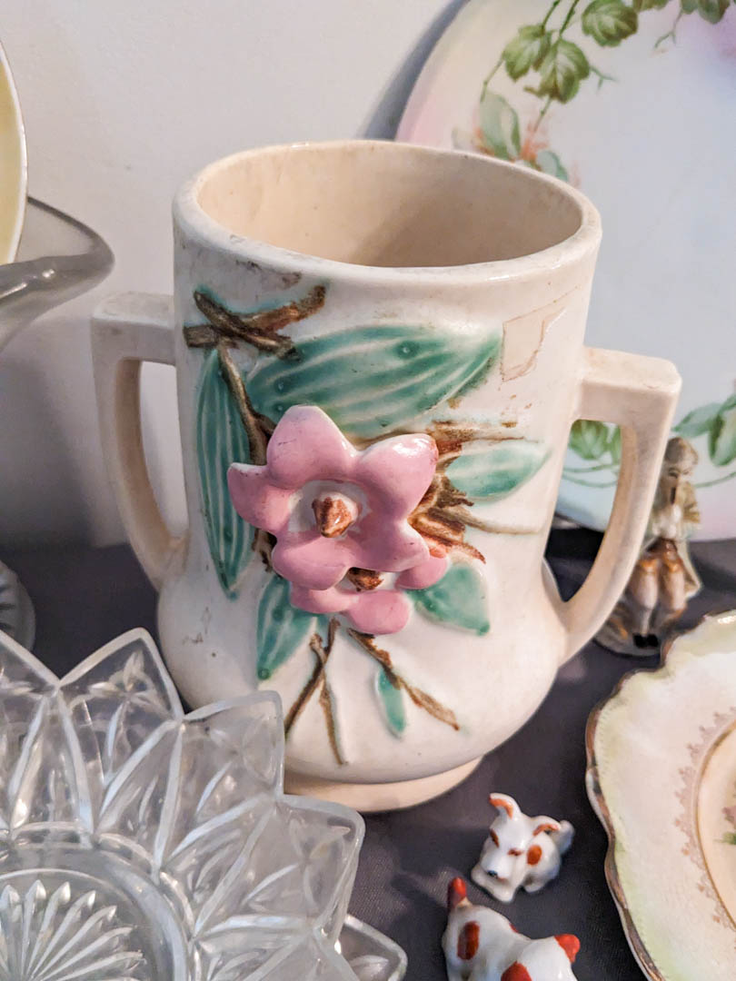 143. Glass Basket, McCoy Vase, Plates + Mini Collectibles