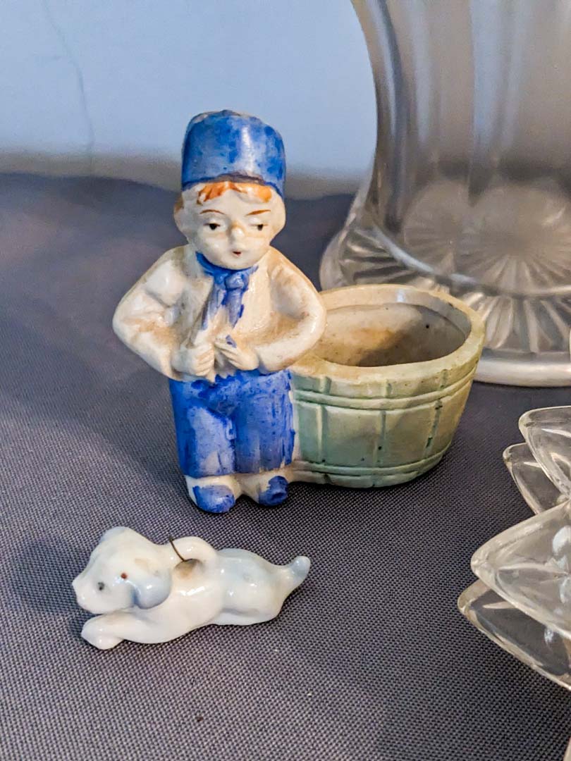 143. Glass Basket, McCoy Vase, Plates + Mini Collectibles