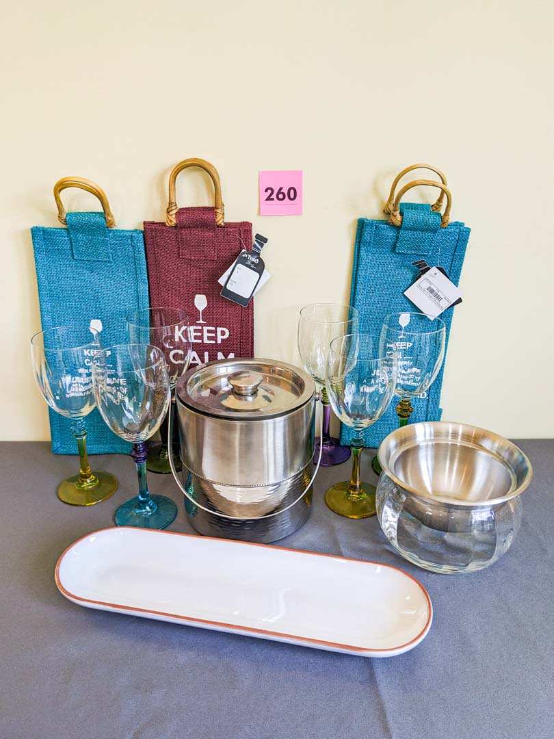 260. (6) Wine Glasses, Ice Bucket, Platter + Wine Bags