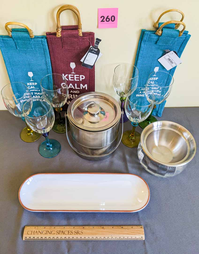 260. (6) Wine Glasses, Ice Bucket, Platter + Wine Bags - Image 8